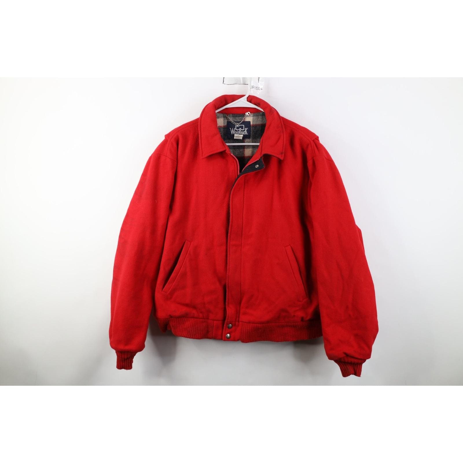 90s Woolrich Mens XL Distressed Lined Wool Full Zip Bomber Jacket Red USA, Vintage Woolrich Bomber Jacket, 90s Wool Bomber Jacket, Woolrich