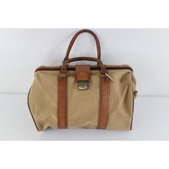 90s Streetwear Distressed Canvas Leather Handled Pull Open Doctors Bag, Vintage Leather Doctors BAg, Vintage Canvas Bag, Vintage Doctors Bag