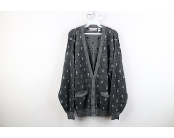 90er Jahre Streetwear Herren Größe M Geometrische Gerippte Strickjacke, Vintage Gerippte Strickjacke, 90er Jahre Dad Strickjacke, 90er Jahre