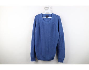90s Lands End Mens Large Blank Cotton Ribbed Knit Crewneck Sweater Blue USA, Vintage Ribbed Knit Sweater, 1990s Lands End Dad Sweater, 90s