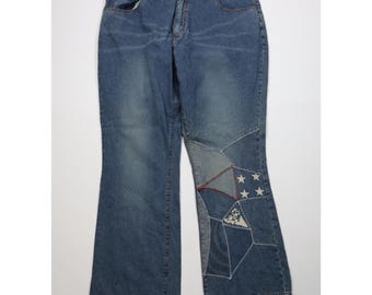 90s Streetwear Babydoll Womens 22 W Faded Flag Patchwork Bell Bottoms Jeans, Vintage Bell Bottoms Jeans, 1990s Patchwork Denim Jeans, 1990s