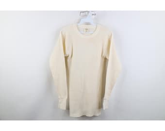 70s streetwear heren medium blanco thermisch wafelgebreid T-shirt crème VS, vintage thermisch gebreid T-shirt met lange mouwen, thermisch T-shirt jaren 70, jaren 70