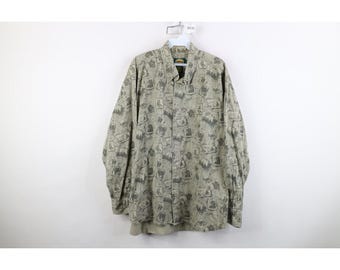 Camicia da uomo Cabelas anni '90, taglia L, in twill slavato con stampa integrale, camicia vintage Cabelas con bottoni, camicia con colletto e bottoni anni '90