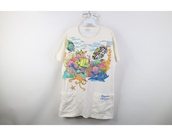 90s Streetwear Womens OSFM Fish Sea Cayman Islands Beach Pocket T-Shirt, Vintage Deep Sea Fish T-Shirt, 1990s Beach Overshirt, 1990s T-Shirt