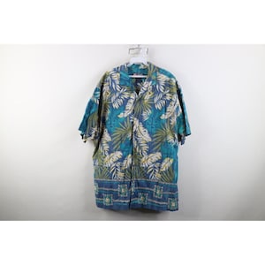 90s Chaps Ralph Lauren Mens XL Palm Tree Geometric Hawaiian Button Shirt, Vintage Ralph Lauren Button Shirt, 1990s Ralph Lauren Luau Shirt