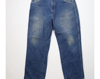 90s Dickies Mens 38x30 Distressed Bootcut Denim Jeans Blue Cotton Workwear, Vintage Dickies Bootcut Jeans, 1990s Dickies Workwear Jeans, 90s