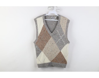 Chaleco de punto de lana con estampado de rombos arcoíris para mujer, estilo streetwear de los años 70, chaleco de punto vintage con estampado de rombos, chaleco de punto con estampado de rombos arcoíris de los años 70.
