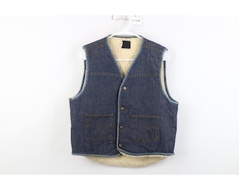 60s 70s Mens Medium Deep Pile Fleece Lined Denim Jean Vest Jacket USA, Vintage Fleece Lined Vest, 1960s Western Vest, Vintage Denim Vest