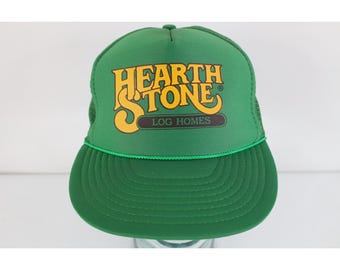 80s 90s Spell Out Hearth Stone Log Homes Trucker Snapback Hat Cap Green, Vintage Hearth Stone Log Homes Hat, Vintage Trucker Hat, 80s Hat