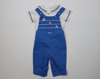 Strój marynarski dla chłopca w wieku 6-9 miesięcy, 2-częściowy, z motywem marynarskiego kombinezonu, lata 70. i 80., vintage'owy zestaw marynarski dla chłopca, strój marynarski z lat 70., strój niemowlęcy