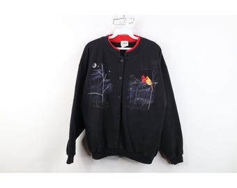Cardigan da donna anni '90 taglia XL con stampa sbiadita di uccelli notturni e alberi, stile vintage, con motivo natura, uccelli e alberi, felpa vintage.