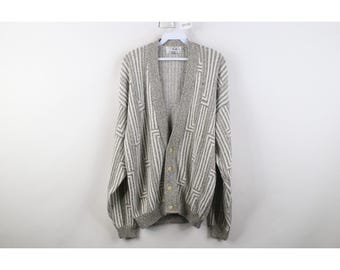 90s Streetwear Mens Small Geometric Trippy Knit Cardigan Sweater Gray, Vintage Grandpa Cardigan Sweater, 1990s Knit Sweater, 90s Cardigan
