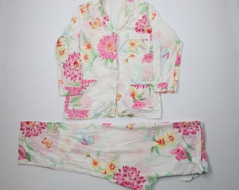 Vtg Y2K 2005 Victoria's Secret M 2-teilige Blumen-Schmetterling-Pyjamas-Outfit