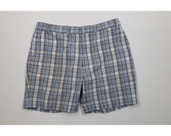 70s Streetwear Mens 36 Distressed Above Knee Madras Plaid Chino Shorts, Vintage Madras Plaid Shorts, 1970s Golfing Shorts, 70s Golf Shorts