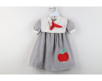 Vestido listrado de chambray com estampa de maçã e laço, estilo Winnie the Pooh, da Disney, anos 90, modelo vintage, fabricado nos EUA.