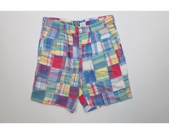 90s Izod Mens 32 Faded Rainbow Madras Plaid Golf Chino Shorts Cotton, Vintage Izod Madras Shorts, 1990s Golfing Shorts, 90s Chino Shorts
