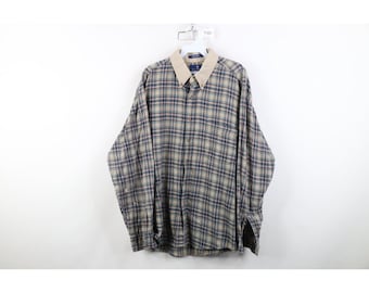 jaren 90 streetwear heren XL vervaagde keperstof kraag flanellen button-down shirt geruit, vintage twill button-down shirt, jaren 1990 flanellen button shirt, jaren 90