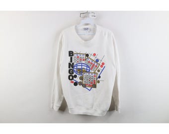 Sudadera blanca de cuello redondo con estampado de juego de bingo grande para mujer, estilo streetwear de los 90, sudadera vintage de juego de bingo, sudadera de cuello redondo de bingo de los años 90