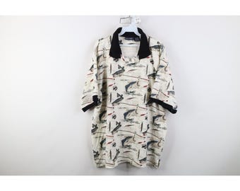 Polo de golf con cuello y estampado integral de pesca de lubina para hombre, talla XL, estilo streetwear de los 90, polo de golf vintage de pesca, polo con estampado integral de peces de los años 90.