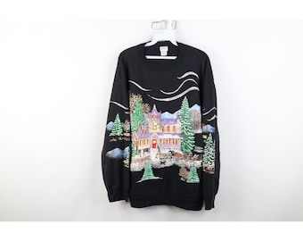90s Streetwear Womens Large Christmas Town All Over Print Sweatshirt USA, Vintage Christmas All Over Print Sweatshirt, Christmas Sweatshirt