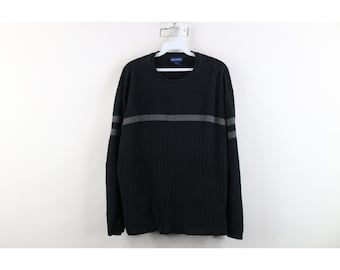 90er Jahre Y2K Großer verblasster gestreifter Herren Rippenstrickpullover Boxy Fit Pullover Schwarz, Vintage Gerippter Strickpullover, 1990er Jahre Boxy Fit Pullover