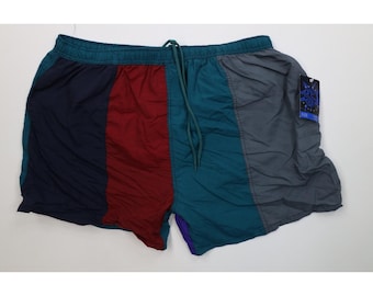 Deadstock Vintage 90s Streetwear Mens XL Striped Color Block Lined Shorts Trunks, Vintage Striped Beach Shorts, 90s Color Block Swim Trunks