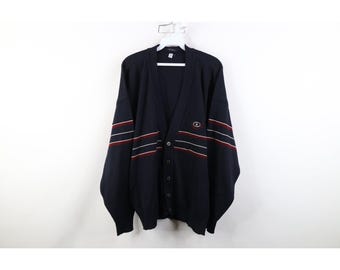 90s Streetwear Mens XL Wool Blend Knit Striped Cardigan Sweater Blue, Vintage Cardigan Sweater, 1990s Wool Knit Cardigan, Grandpa Sweater