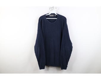 Suéter de punto de algodón azul desgastado con marco hecho a mano para hombre, estilo streetwear de los 90, fabricado en EE. UU., suéter vintage con marco hecho a mano, suéter de punto de algodón de los años 90, estilo abuelo.