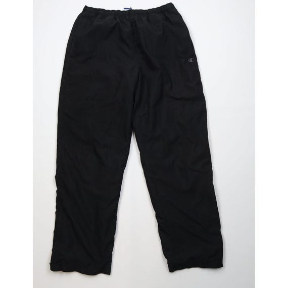 90s Champion Mens Large Faded Lined Wide Leg Microfiber Pants Black, Vintage Champion Wide Leg Pants, 1990s Champion Pants, 90s Champion