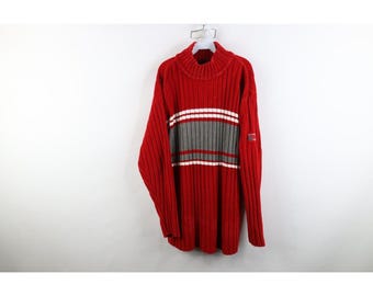 Suéter de cuello alto acanalado a rayas estilo años 90 Y2K para hombre, talla XL, color rojo; suéter de cuello alto holgado estilo vintage; suéter a rayas estilo años 90 Southpole.