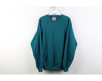 90s Streetwear Mens Large Faded Blank Raglan Crewneck Sweatshirt Teal, Vintage Blank Crewneck Sweatshirt, 1990s Faded Sweatshirt, Sweatshirt