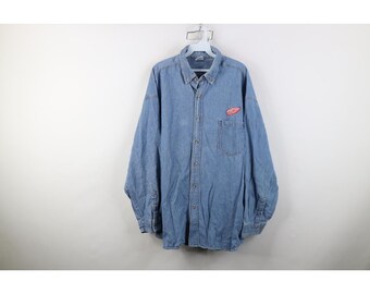 90er Jahre Retro Detroit Red Wings Hockey Denim Jeans Hemd mit Knöpfen Blau , Vintage Detroit Red Wings Hockey Knopfhemd, 90er Jahre Denim Hemd