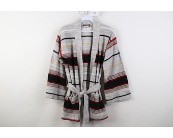 70s Boho Chic Womens Medium Striped Belted Flared Sleeve Cardigan Sweater, Vinage Striped Cardigan Sweater, 1970s Belted Cardigan Sweater