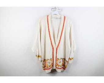 90er Streetwear Damen 3X Gestickte Blumen Strickjacke Weiß, Vintage Strickjacke, 1990er Jahre Blumen Strickjacke, Vintage