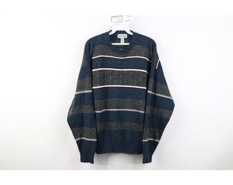 Jaren 90 streetwear heren groot gestreept kleurblok kabelgebreide trui met ronde hals, vintage trui met ronde hals, jaren 1990 gestreepte trui, vintage trui