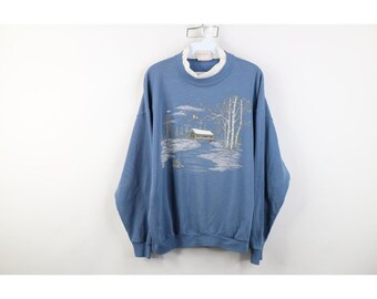 90er Streetwear Frauen Petite XL Faded Country Eule Schnee Sweatshirt USA, Vintage Eulen Sweatshirt, 1990er Jahre Country Primitive Sweatshirt, Rundhalsausschnitt