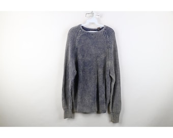 Sweter damski XL z prążkowanej dzianiny w stylu streetwear z lat 90. z okrągłym dekoltem i wyblakłym wzorem stonewash, vintage'owy sweter z prążkowanej dzianiny, sweter z lat 90. z efektem stonewash, lata 90.