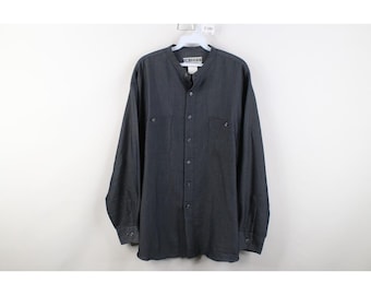 90s Streetwear Mens Large Rayon Gabardine Geometric Band Collar Button Shirt, Vintage Geometric Button Shirt, 1990s Gaberdine Button Shirt