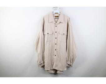 Camisa de hombre XLT de tela de gamuza gruesa con botones, estilo streetwear de los 90, color beige, camisa de gamuza vintage, camisa de trabajo de gamuza vintage con botones, vintage