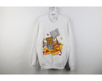 Moletom feminino streetwear dos anos 90, tamanho 2XL, com estampa desgastada de folhas de outono e urso. Moletom vintage de outono, moletom com gola redonda e urso dos anos 90, estampa da natureza.