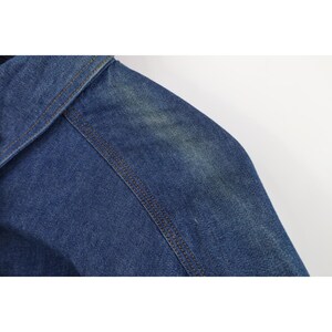 May include: Close-up of a blue denim jacket shoulder and sleeve. The jacket features visible brown stitching along the seams and a slightly faded appearance, suggesting wear. The background is plain white.