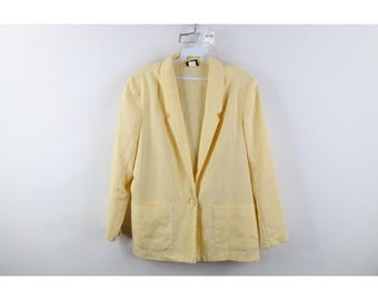 Veste blazer jaune style streetwear années 90 pour femme, en lin mélangé, taille 16, fabriquée aux États-Unis. Veste blazer vintage des années 90.