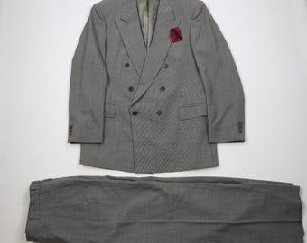 Jaren 80 90s heren 46L 2-delig double-breasted pak bruiloft Houndstooth 38 x 32 VS, vintage double-breasted pak, jaren 1980 Houndstooth pak, jaren 90 pak