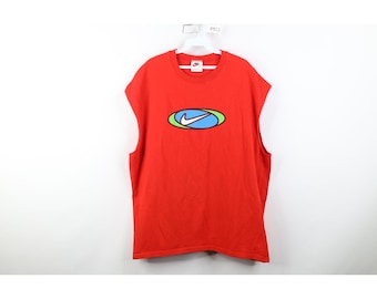 Koszulka męska Nike z lat 90. z dużym środkowym logo Swoosh Muscle w kolorze czerwonym, vintage'owa koszulka Nike Big Swoosh, koszulka Nike Muscle z lat 90., vintage'owa koszulka Nike
