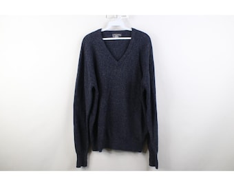 90-tals Streetwear Herr Stor Blank Lammullsstickad V-ringad Tröja Ljungblå, Vintage Blank Ulltröja, 1990-tals Stickad Lammullströja, 90-tal