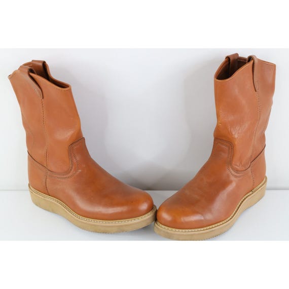 70s Streetwear Mens 11 D Steel Toe Leather Pull On Boots Brown Workwear USA, Vintage Pull On Leather Boots, 1970s Steel Toe Boots, 70s Boots