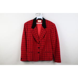 90s Pendleton Womens 16 Velvet Trim Wool Suit Blazer Jacket Red Plaid USA, Vinage Buisnesscore Blazer Jacket, Pendleton Wool Blazer Jacket