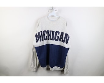 90s Mens 2XL Faded Spell Out University of Michigan Color Block Sweatshirt, Vintage Michigan Wolverines Crewneck Sweatshirt, U of M Crewneck