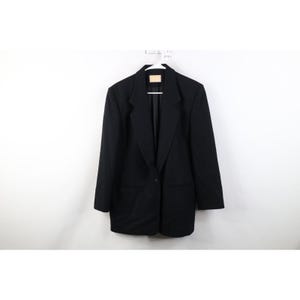 May include: A black blazer with a single-button closure and two front pockets. The blazer is hanging on a white hanger against a white background. The blazer is a classic style.