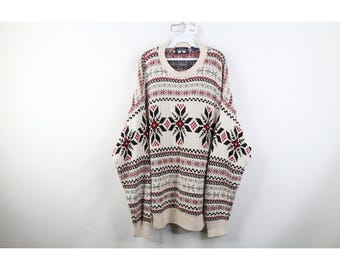 Suéter de punto grueso de algodón Fair Isle con copos de nieve para hombre, talla XL, estilo streetwear de los 90, suéter Fair Isle vintage, suéter con copos de nieve de los años 90, suéter vintage